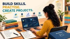 Learner practising Python, SQL, statistics, data visualisation, and machine learning on a laptop.