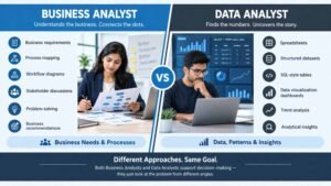 Infographic comparing Business Analysts and Data Analysts, highlighting their key roles and skills. Business Analysts focus on business requirements, process mapping, workflow diagrams, stakeholder discussions, problem-solving, and business recommendations. Data Analysts work with spreadsheets, structured datasets, SQL tables, data visualization dashboards, trend analysis, and analytical insights. The image shows a woman reviewing business process diagrams and a man analyzing data dashboards on a computer, emphasizing how both roles support decision-making through different approaches.