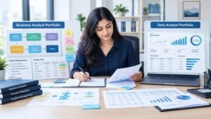 A professional woman working at a desk with business analyst and data analyst portfolio displays. The business analyst portfolio features a workflow diagram, project requirements, and project planning documents, while the data analyst portfolio showcases sales dashboards, charts, regional performance, and product analytics on a laptop. Books on business analysis, process mapping, and project management, along with reports, spreadsheets, and notes, highlight the skills and tools used in both career paths.