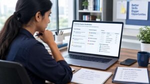 Indian technology professional reviewing an AI-assisted customer-enquiry classification workflow on a laptop.