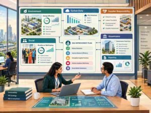 ESG professional analysing carbon emissions, sustainability performance, and responsible business data in a corporate workplace.