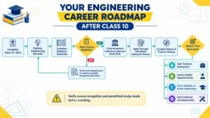 Flowchart showing the pathway from Class 10 to engineering diploma admission, technical skills, employment, apprenticeships, and eligible higher studies.