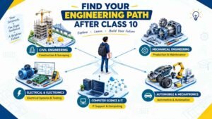 Engineering diploma branches after Class 10, including civil, mechanical, electrical, electronics, and computer engineering.