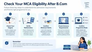 MCA eligibility checklist showing degree qualification, Mathematics, minimum marks, entrance exam and programme mode.