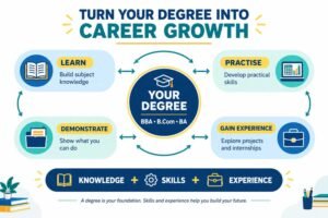 Career-growth infographic showing how a distance-learning degree, practical skills, projects and experience can support career opportunities.