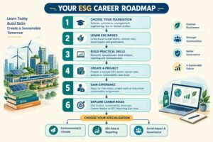 ESG career roadmap flowchart showing education, sustainability skills, practical projects, entry-level experience, and career specialisation.