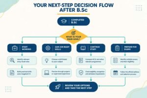 Flowchart helping B.Sc graduates choose between employment, professional skill development, postgraduate study and competitive examinations.